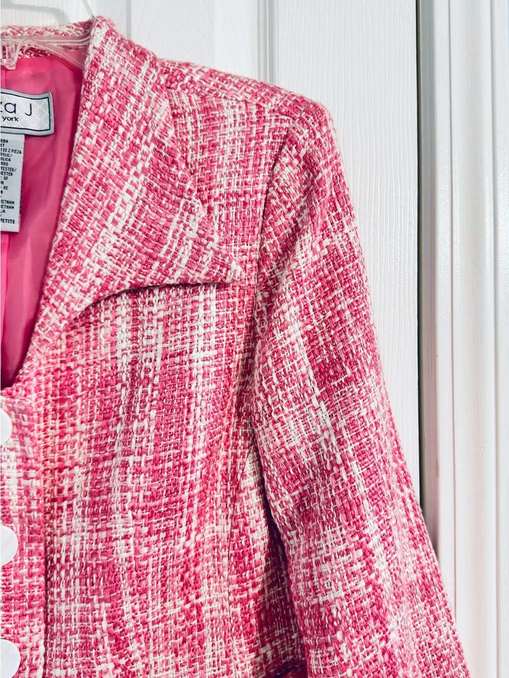 Eliza J New York Pink White Tweed Blazer Jacket Petite 10 Button Front Career - Picture 5 of 11